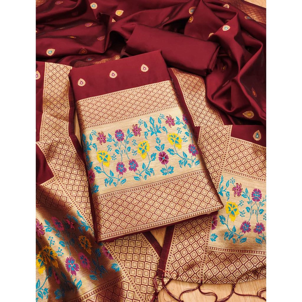 Maroon Floral Zari Woven Banarasi Silk Dress Material