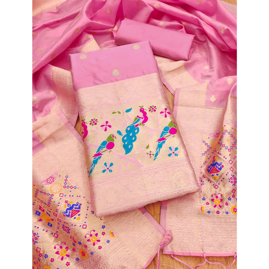 Baby Pink Floral Zari Woven Banarasi Silk Dress Material