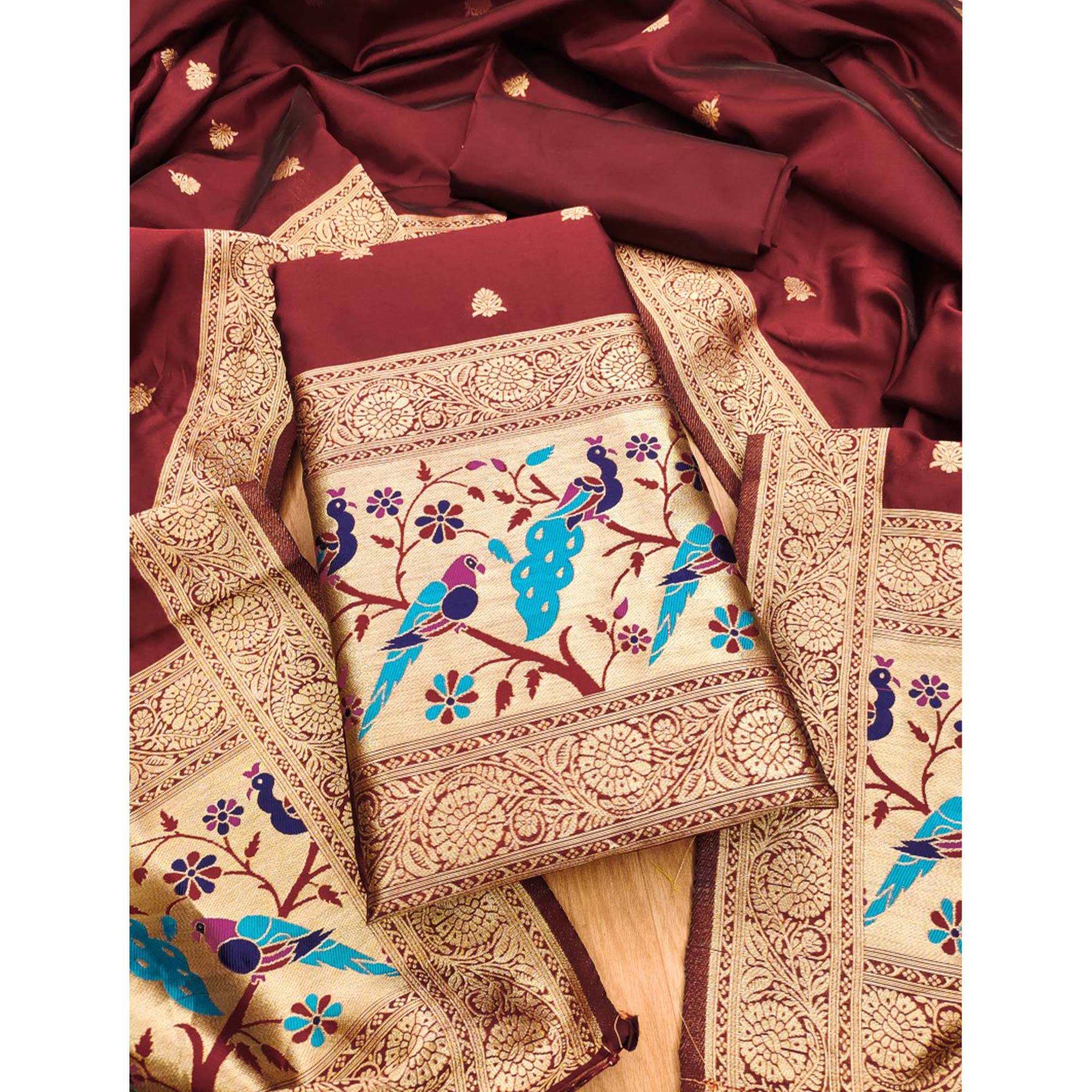 Maroon Floral Zari Woven Banarasi Silk Dress Material