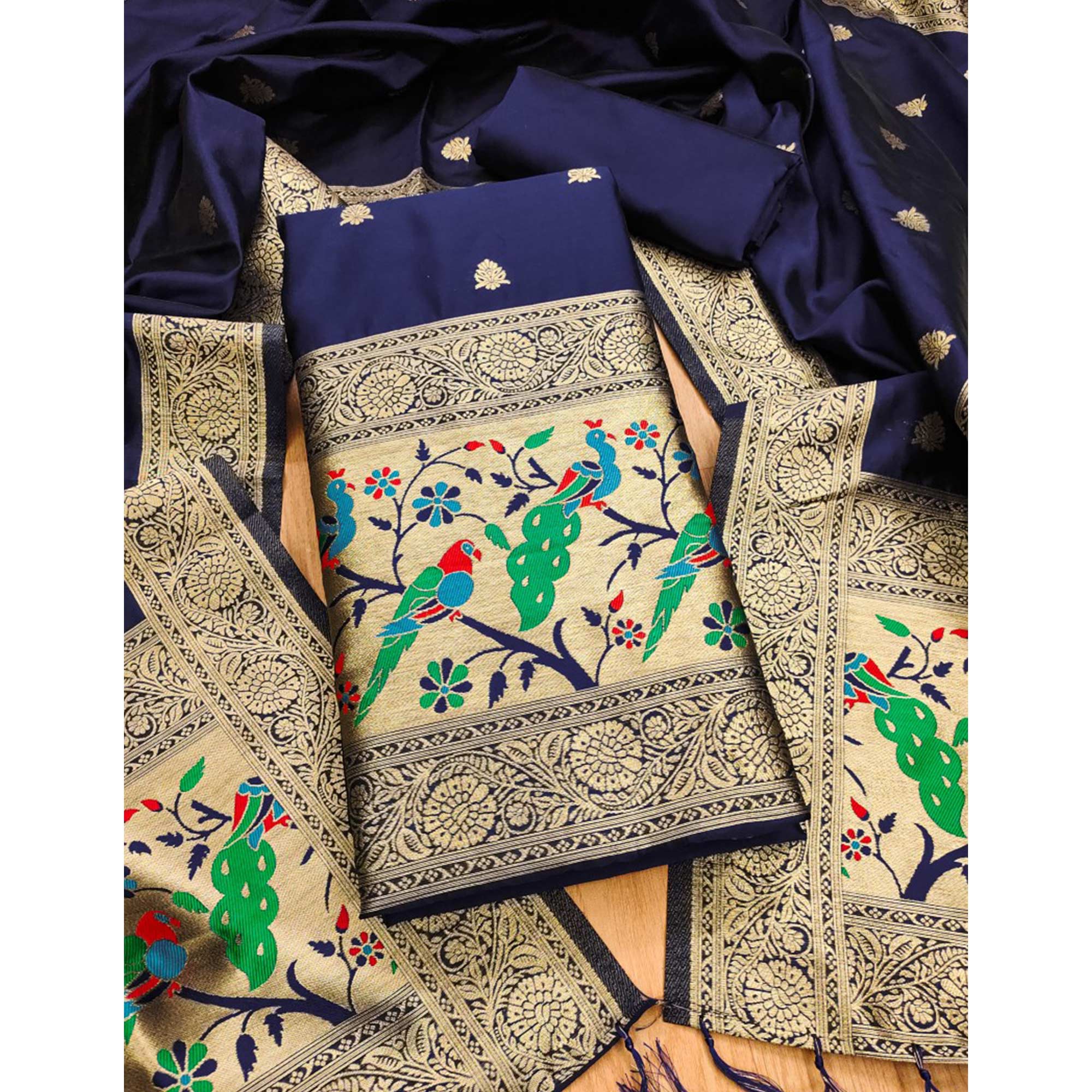 Navy Blue Floral Zari Woven Banarasi Silk Dress Material