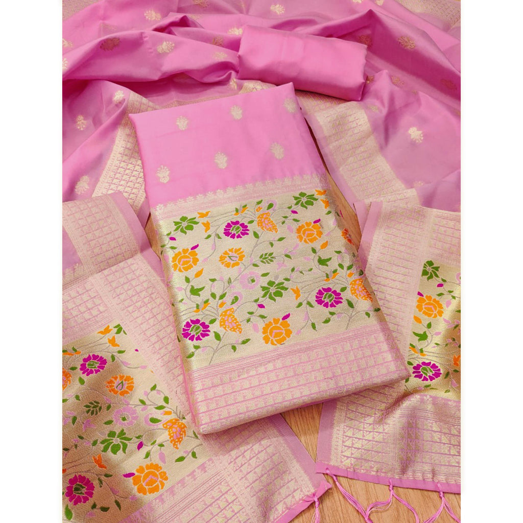 Baby Pink Floral Zari Woven Banarasi Silk Dress Material