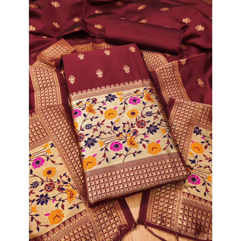 Maroon Floral Zari Woven Banarasi Silk Dress Material