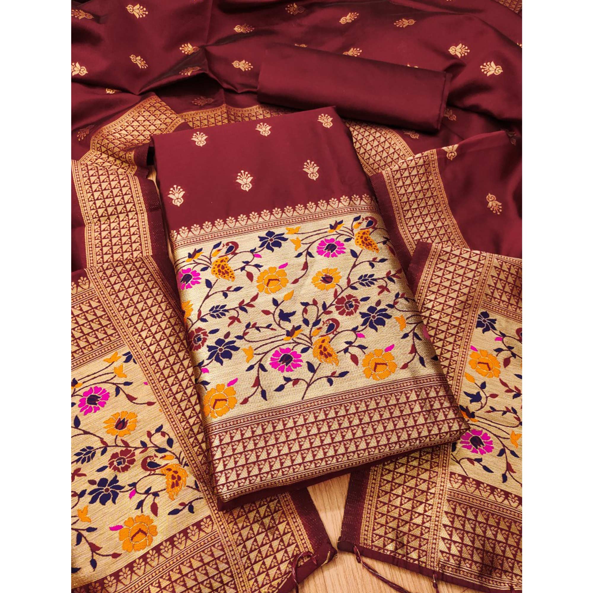 Maroon Floral Zari Woven Banarasi Silk Dress Material