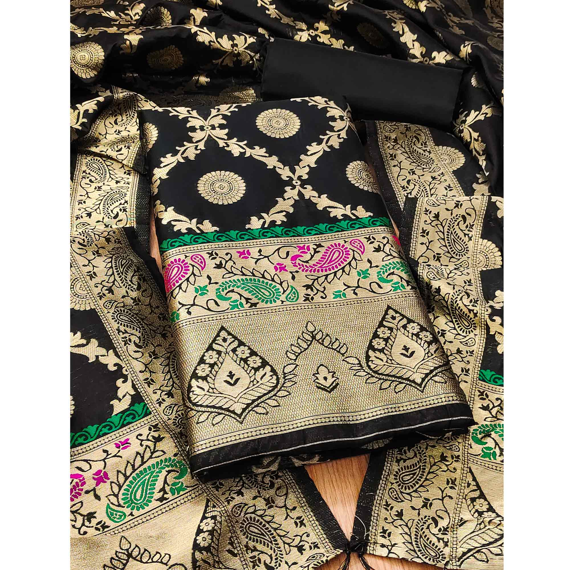 Black Zari Woven Banarasi Silk Dress Material With Elegant Floral Motifs