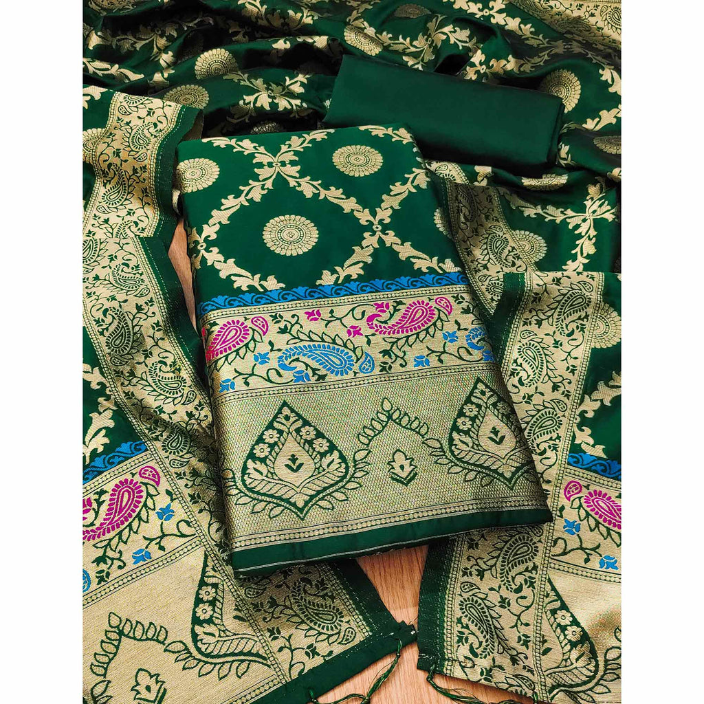 Bottle Green Zari Woven Banarasi Silk Dress Material With Elegant Floral Motifs