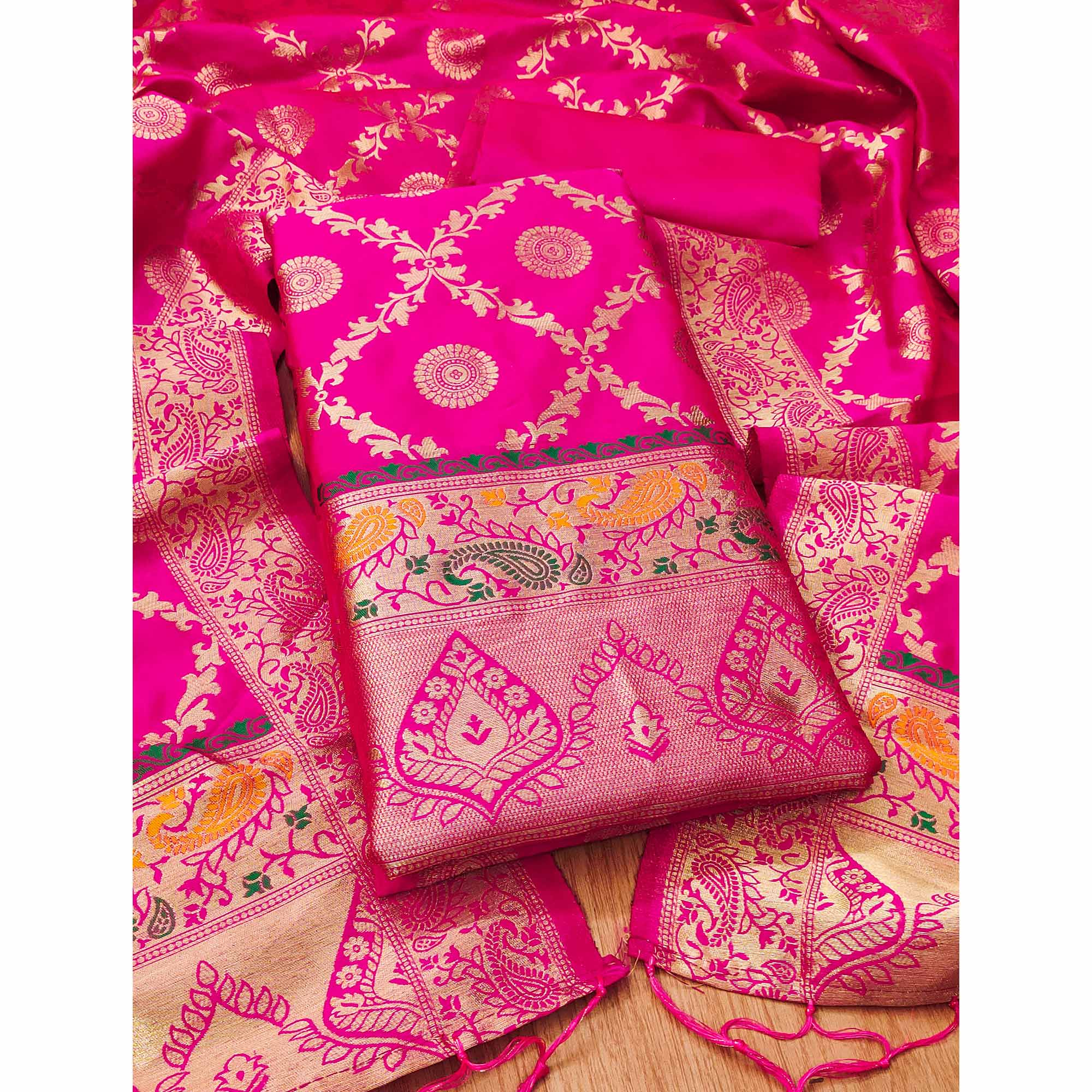 Pink Zari Woven Banarasi Silk Dress Material With Elegant Floral Motifs