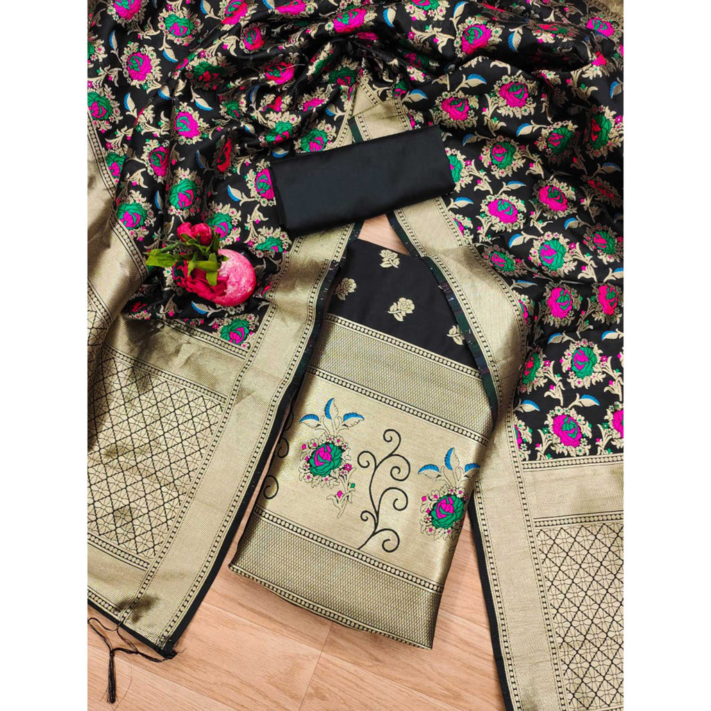 Black Floral Woven Banarasi Silk Dress Material