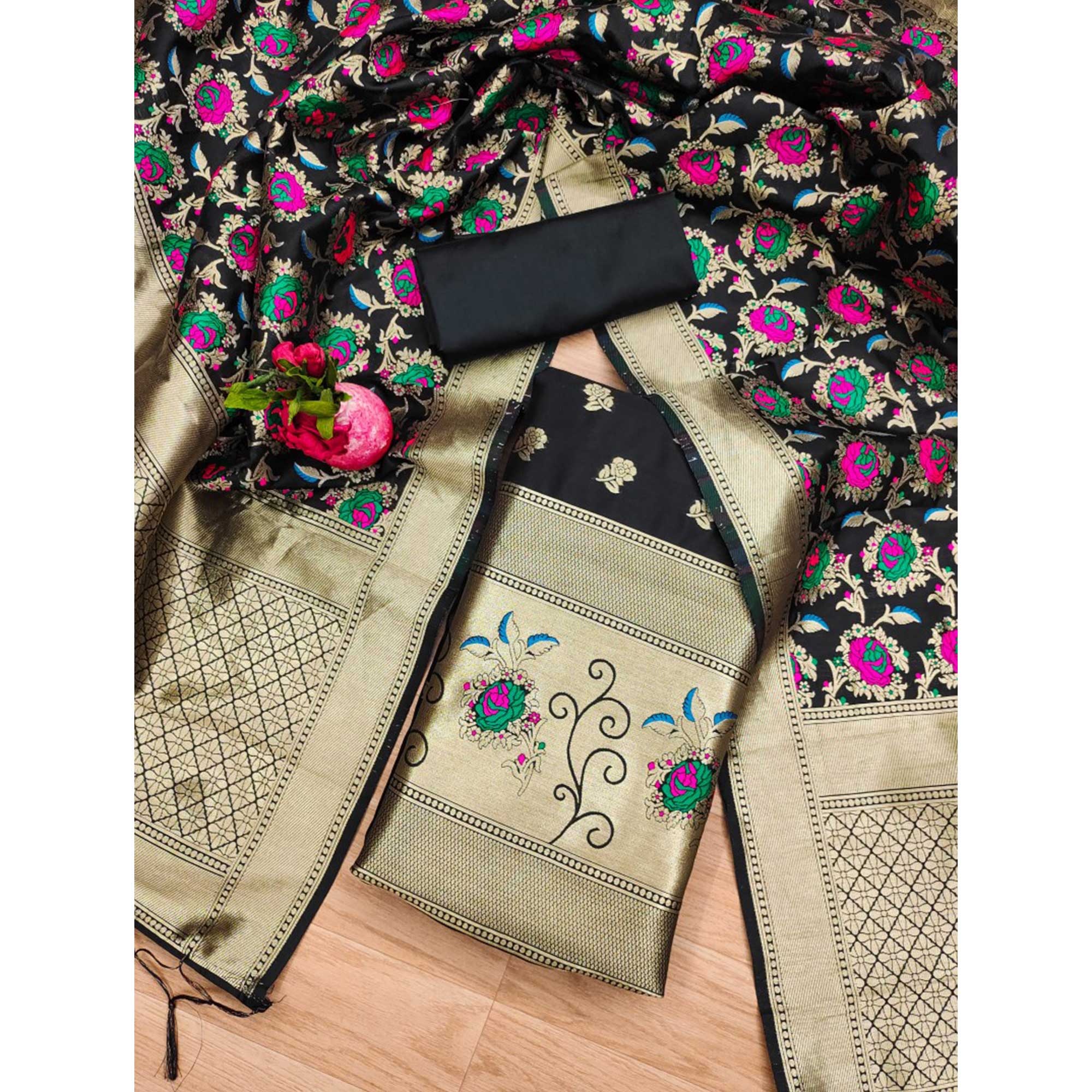 Black Floral Woven Banarasi Silk Dress Material