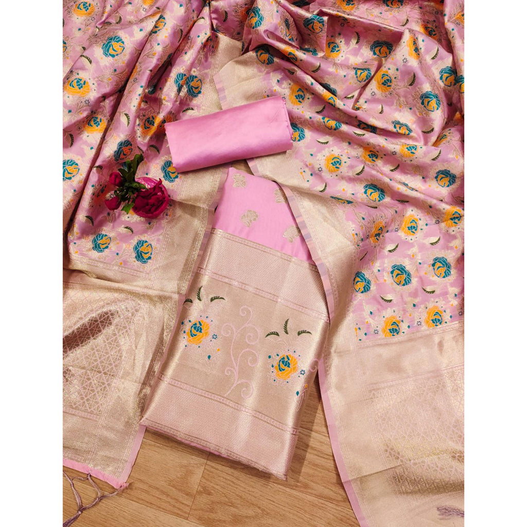 Baby Pink Floral Woven Banarasi Silk Dress Material