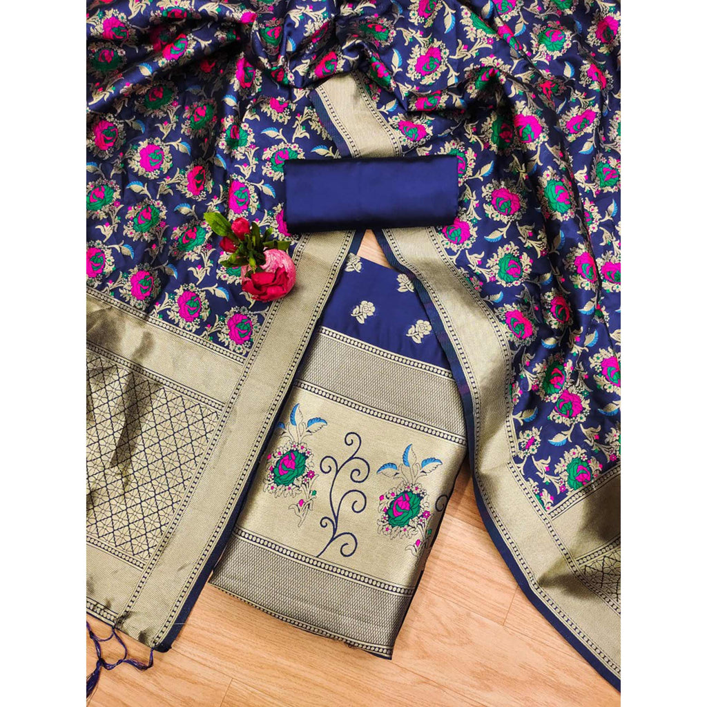 Navy Blue Floral Woven Banarasi Silk Dress Material