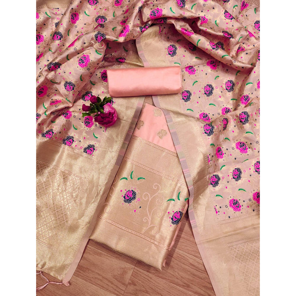 Peach Floral Woven Banarasi Silk Dress Material