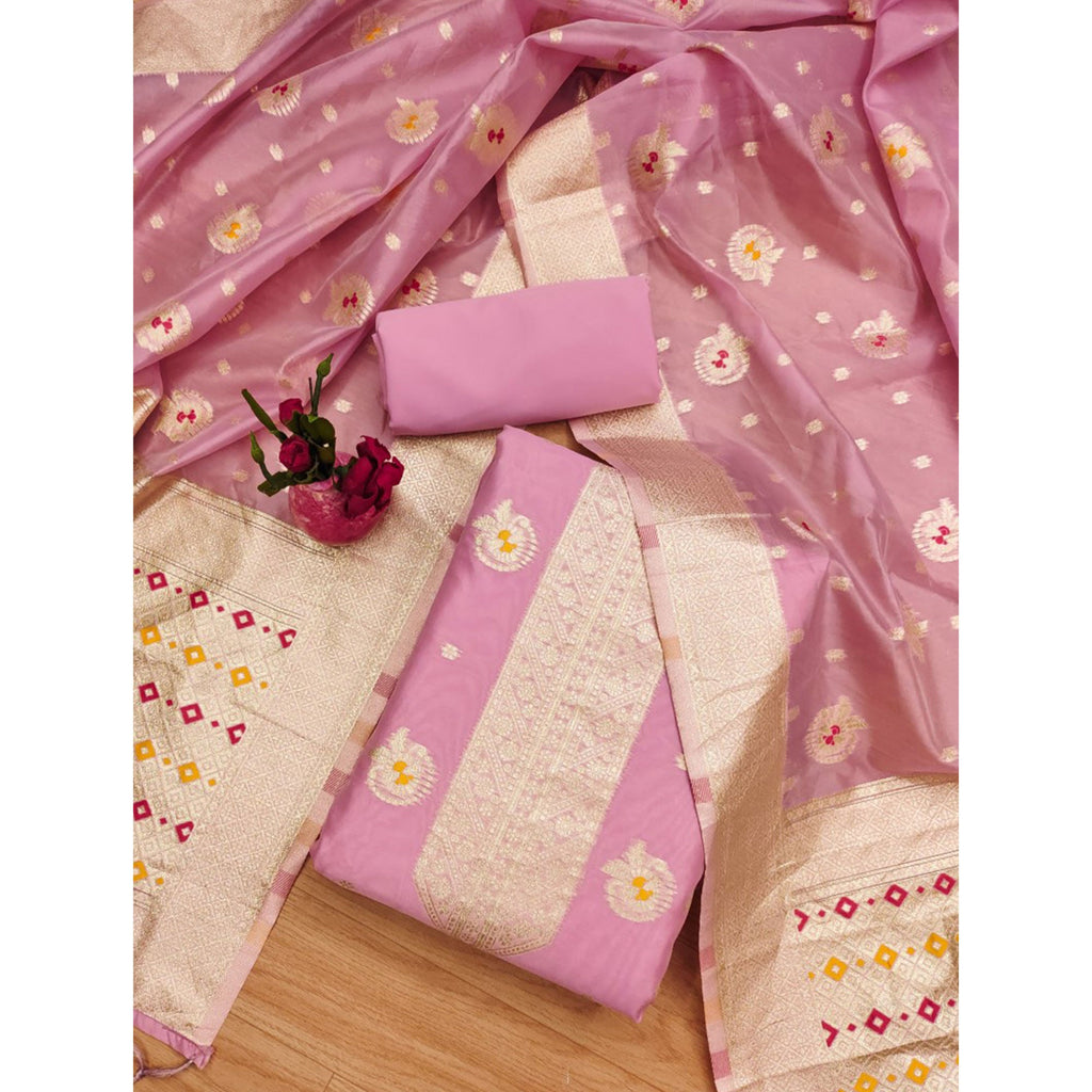 Pink Floral Woven Organza Dress Material