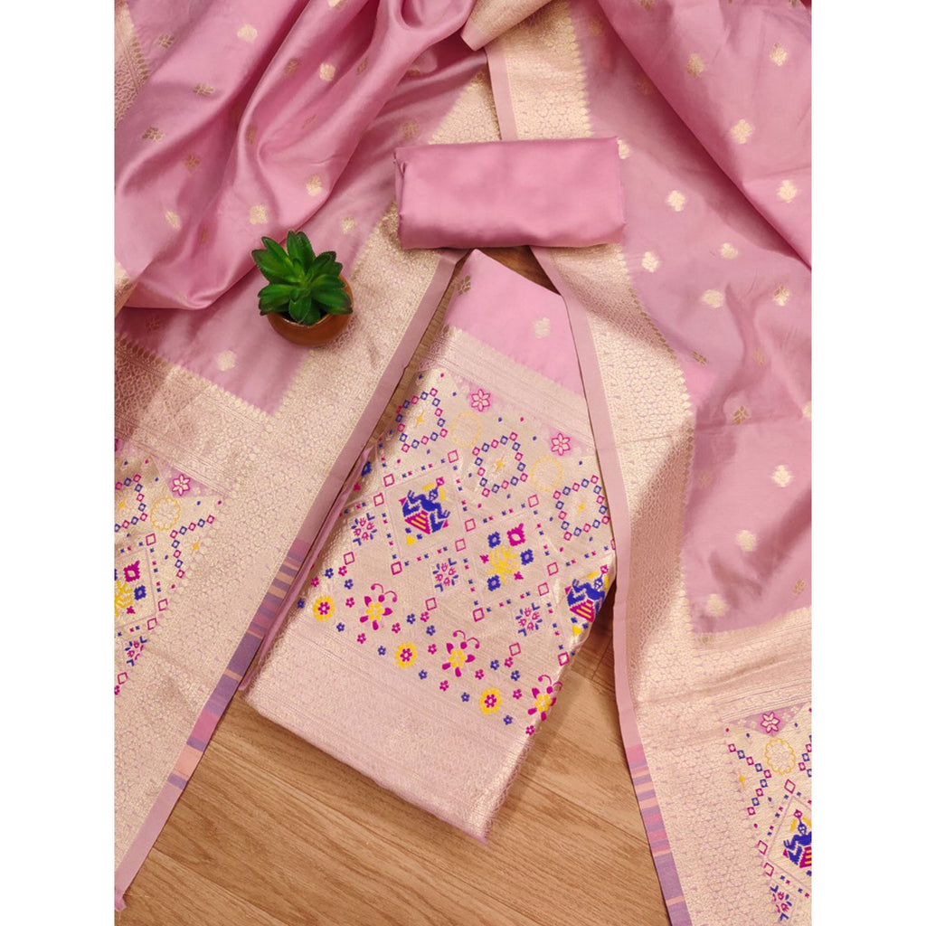 Baby Pink Zari Weaving Soft Banarasi Silk Dress Material