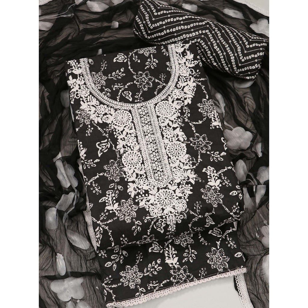 Black Printed With Embroidery Pure Cotton Dress Material