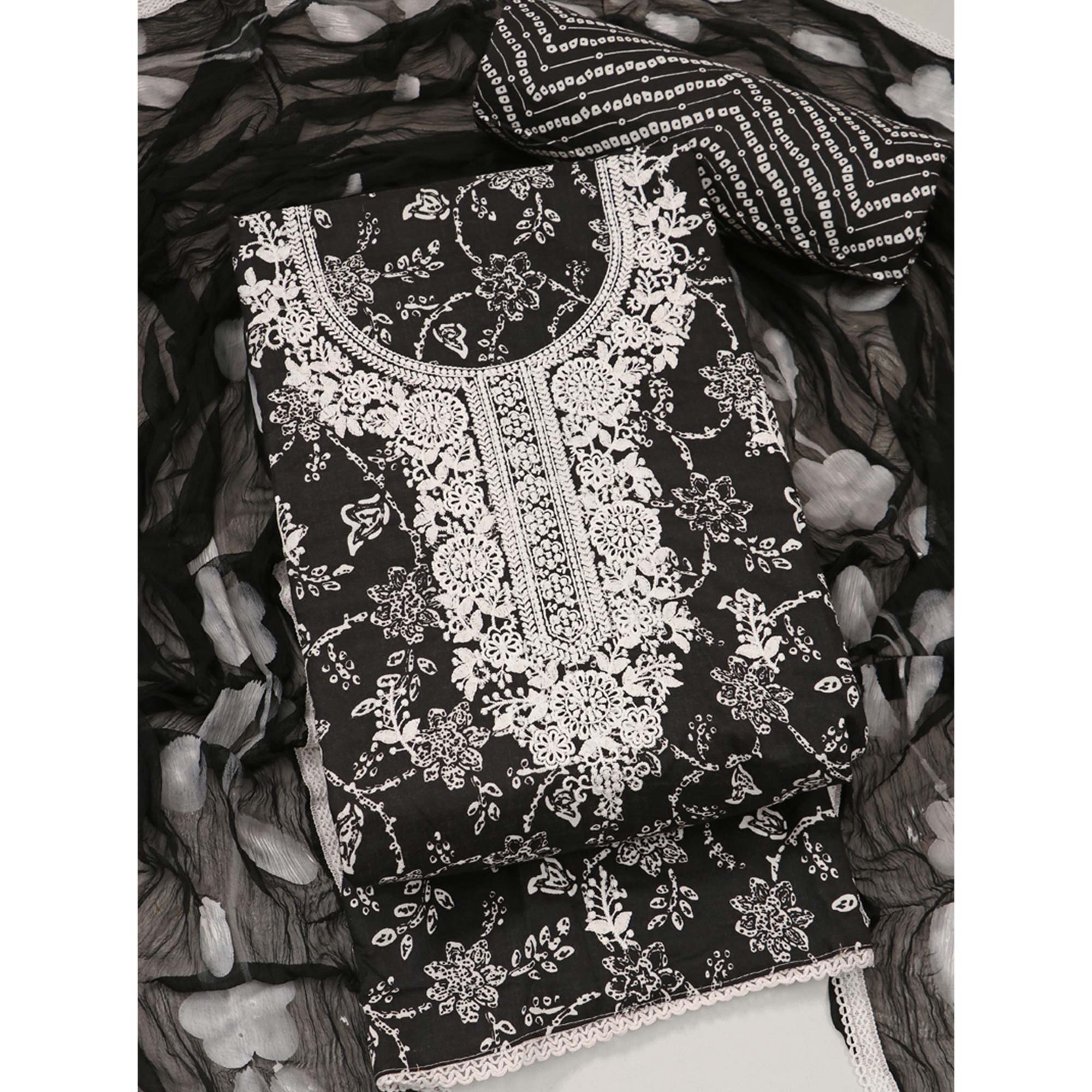 Black Printed With Embroidery Pure Cotton Dress Material