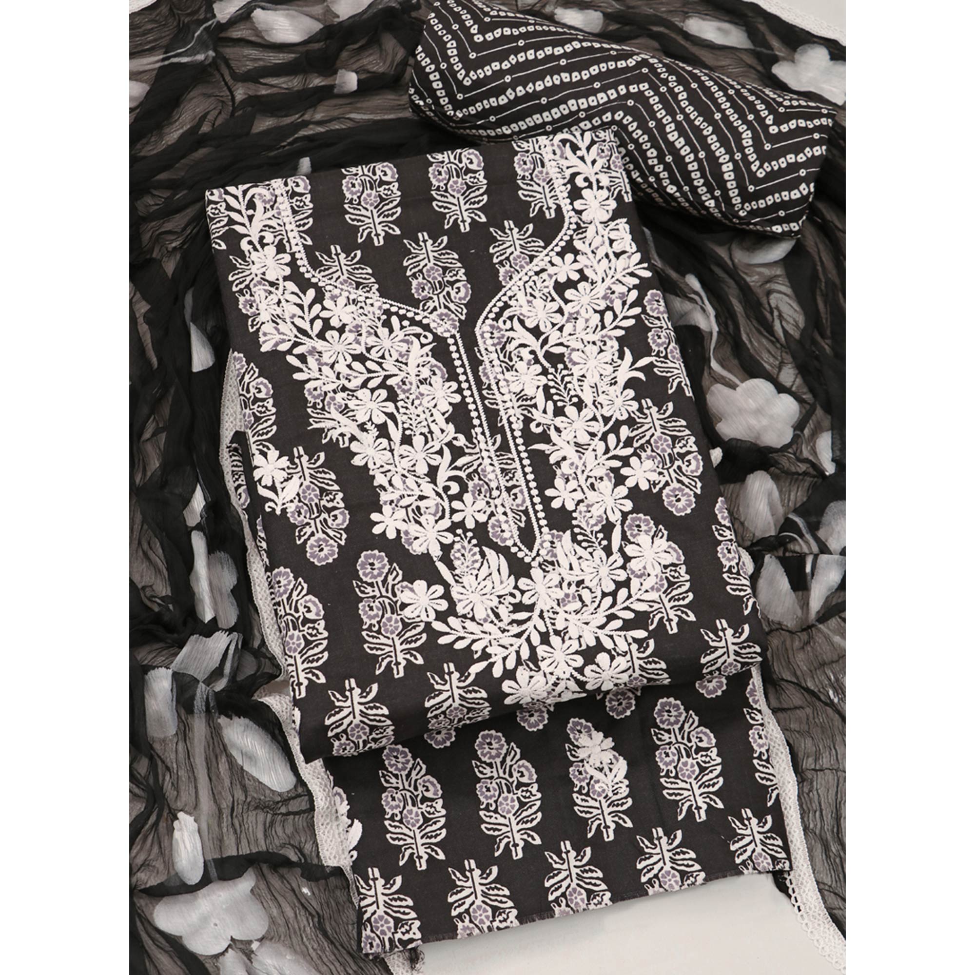 Black Printed With Embroidery Pure Cotton Dress Material