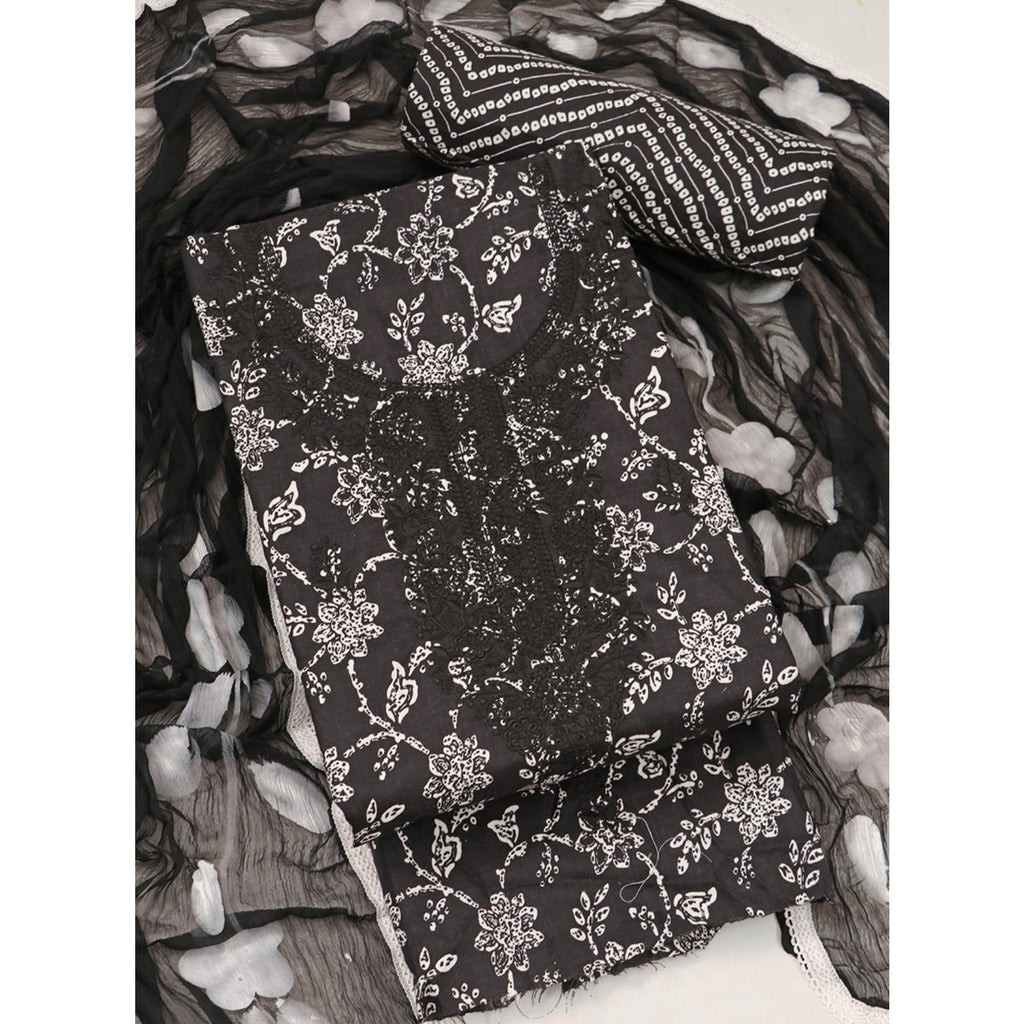 Black Printed With Embroidery Pure Cotton Dress Material