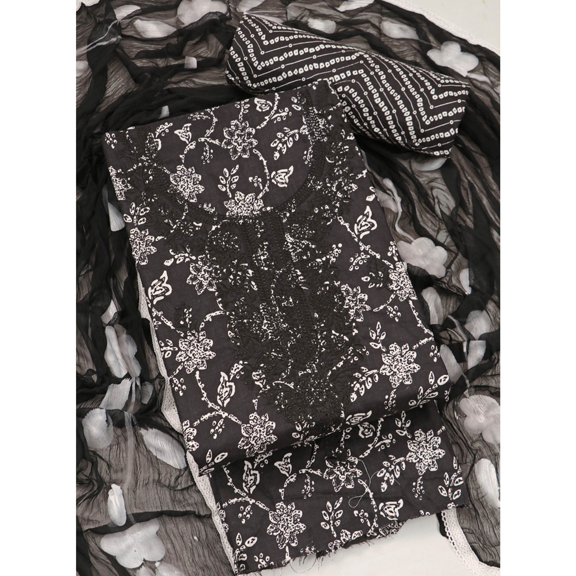 Black Printed With Embroidery Pure Cotton Dress Material