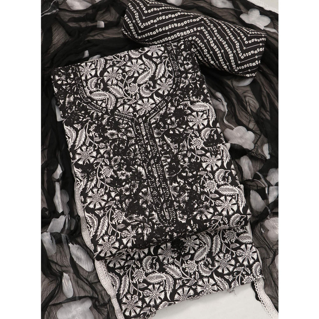 Black Printed With Embroidery Pure Cotton Dress Material