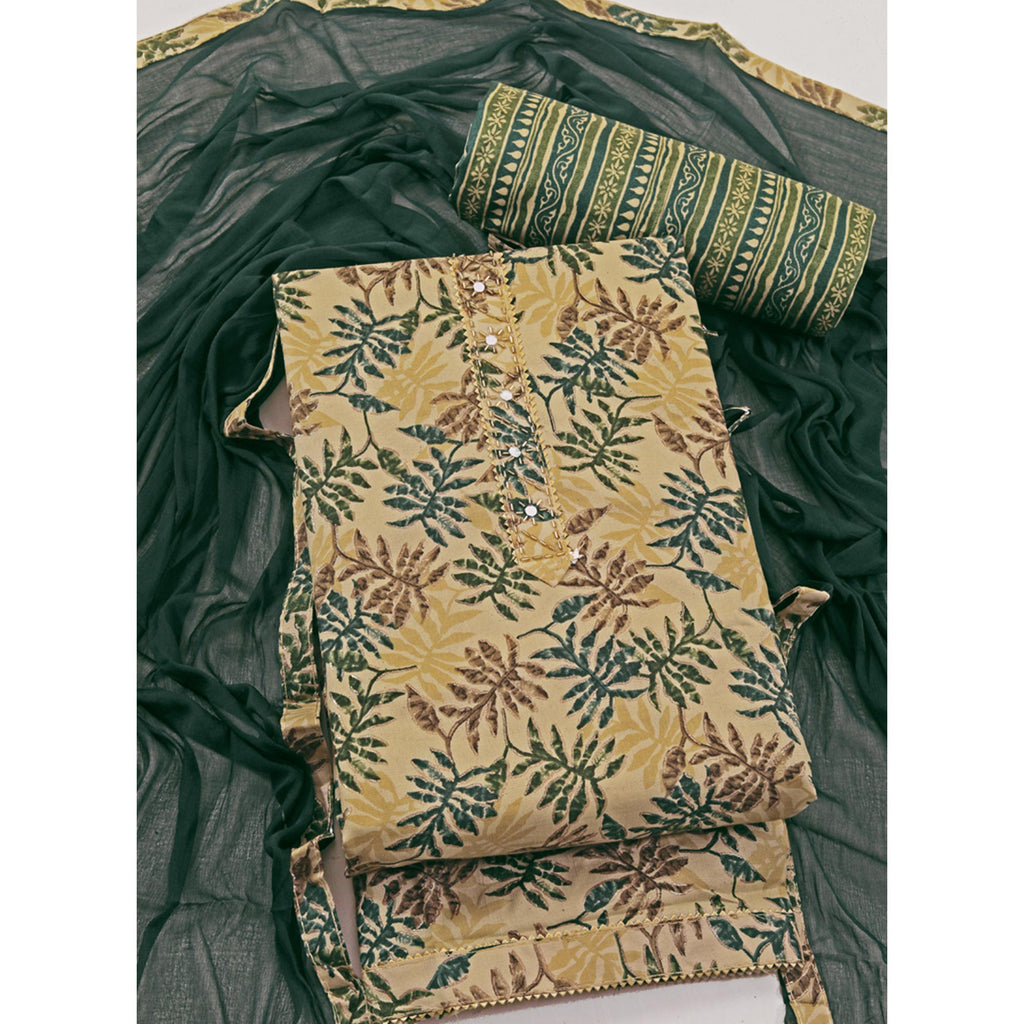 Chikoo & Green Foil Printed With Handwork Pure Pure Cotton Dress Material