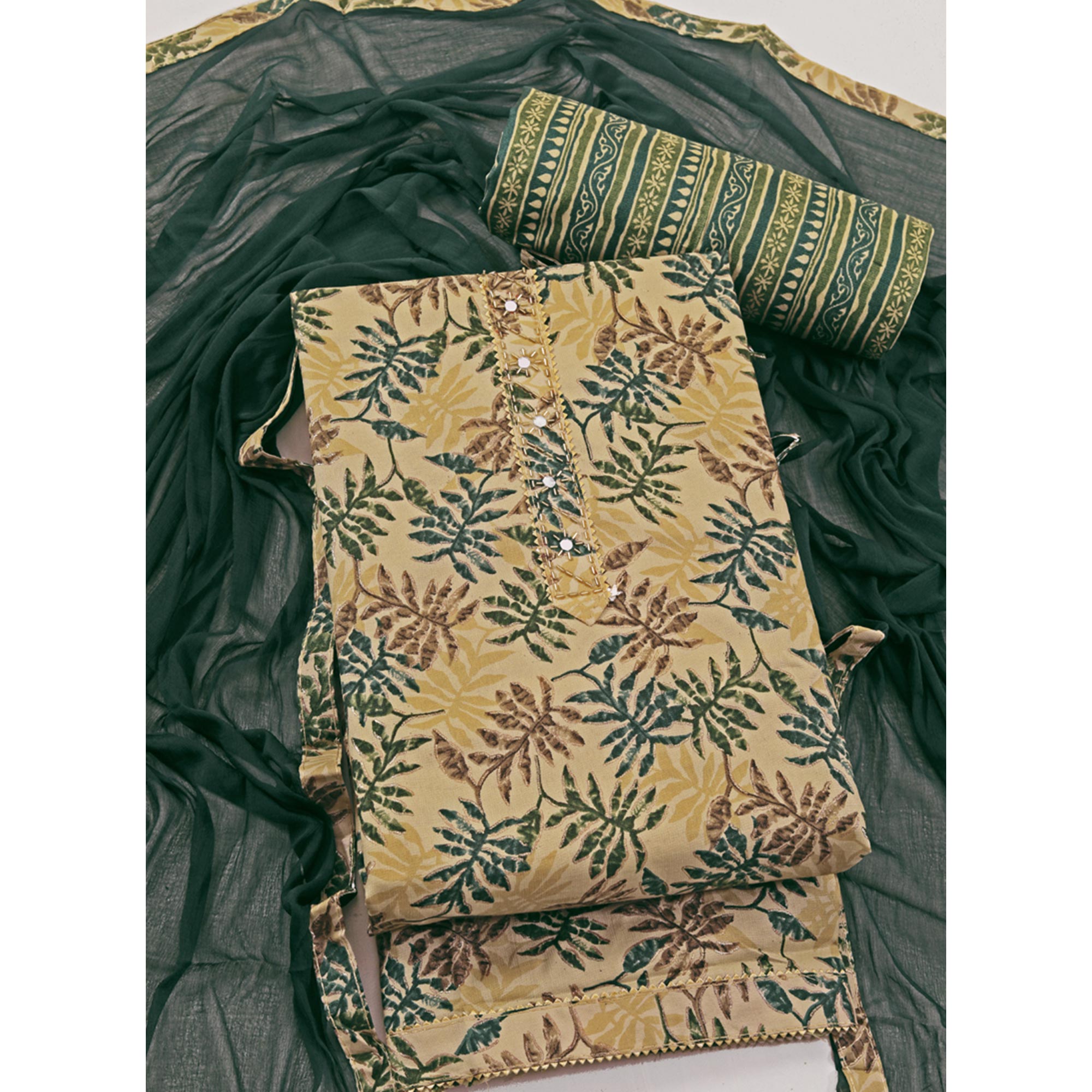 Chikoo & Green Foil Printed With Handwork Pure Pure Cotton Dress Material