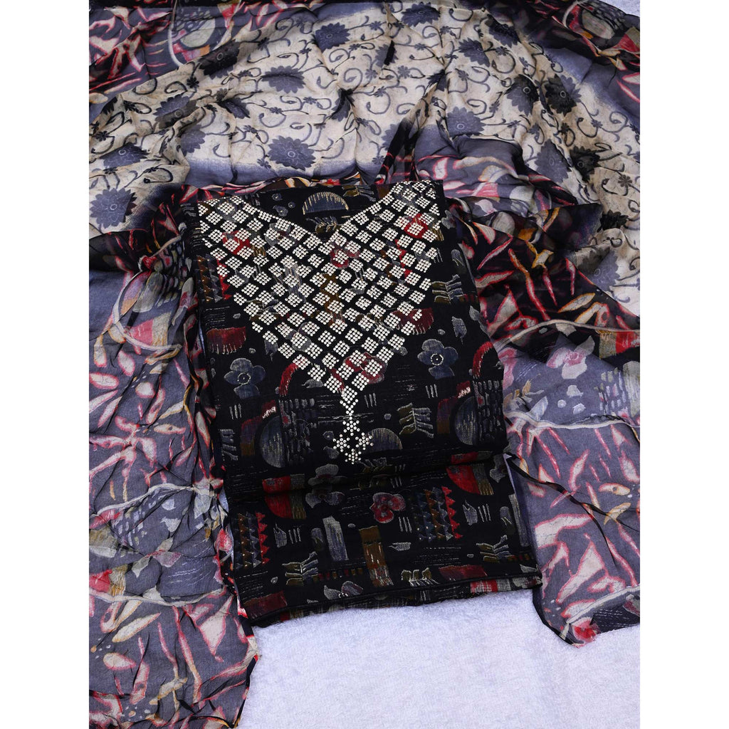Black Floral Printed With Stone Work Yoke Pure Cotton Dress Material