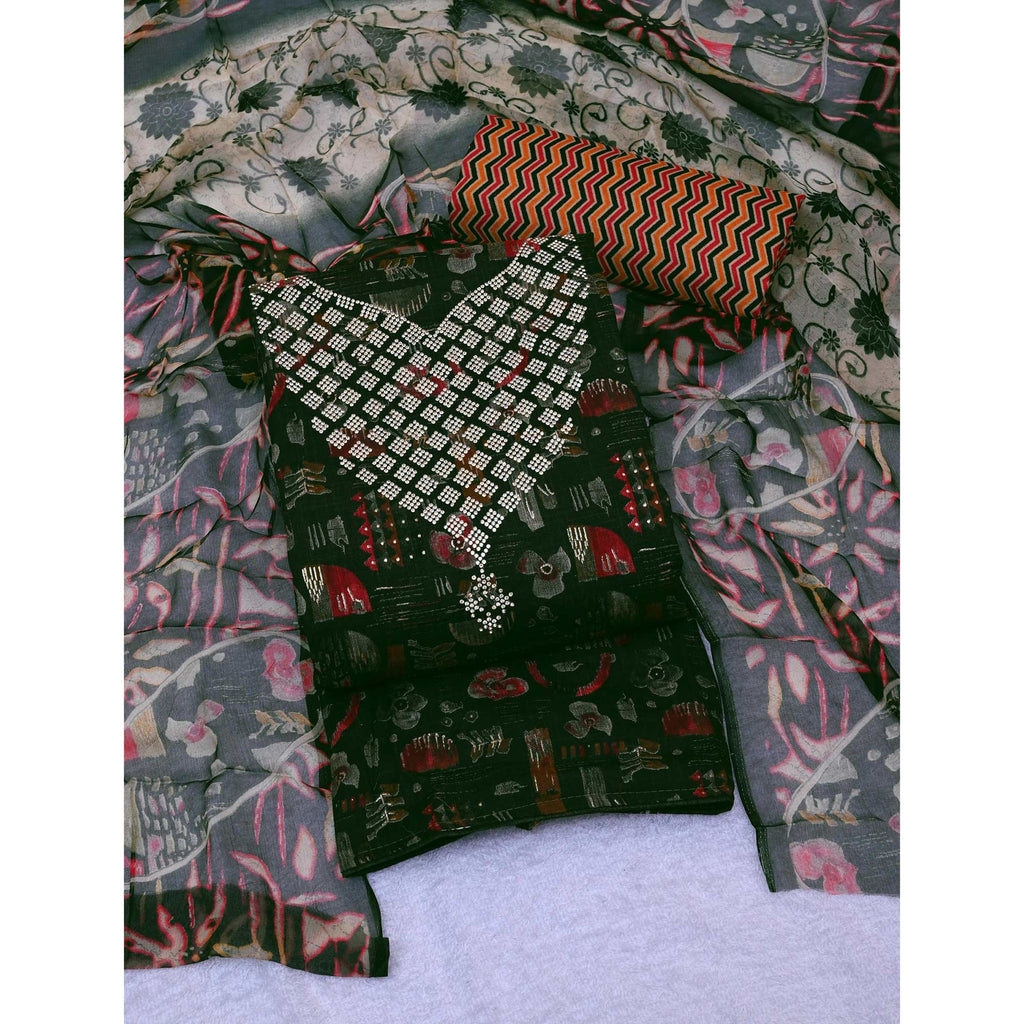 Green Floral Printed With Stone Work Yoke Pure Cotton Dress Material