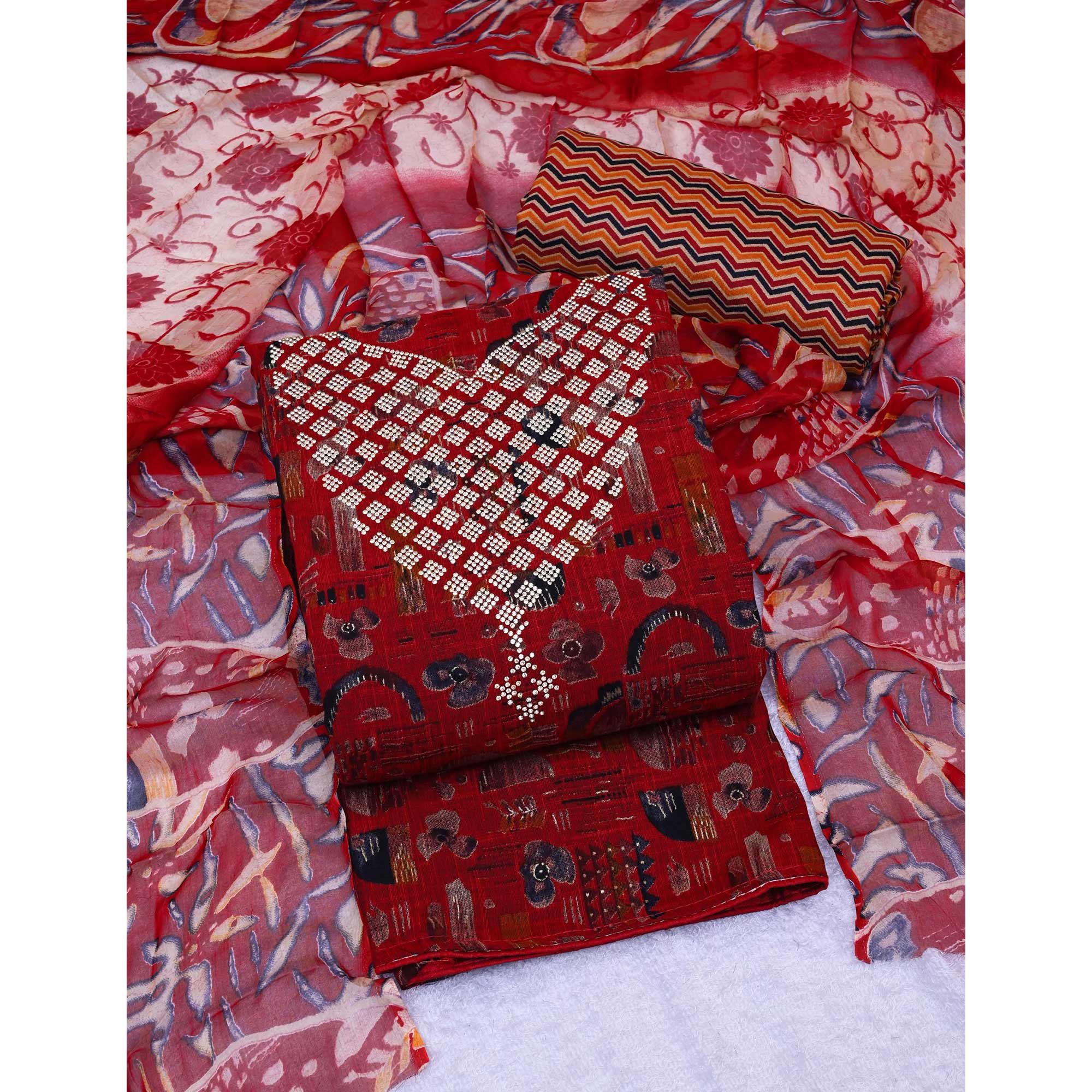 Maroon Floral Printed With Stone Work Yoke Pure Cotton Dress Material