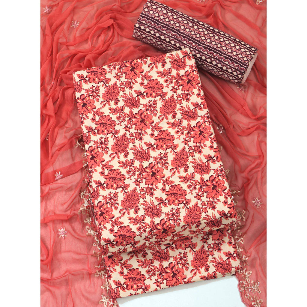 Peach Floral Foil Printed Cotton Blend Dress Material