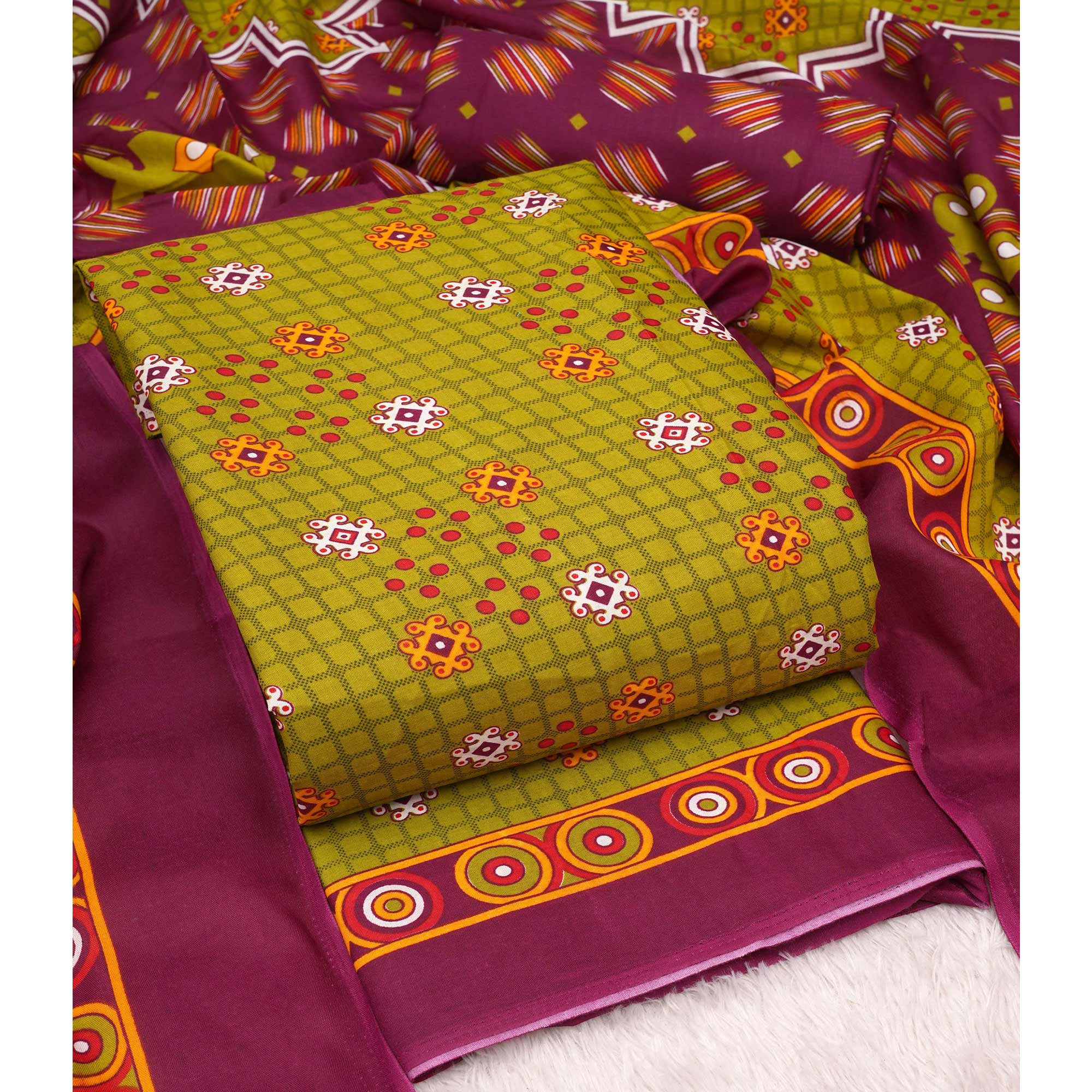 Green Printed Pure Cotton Dress Material