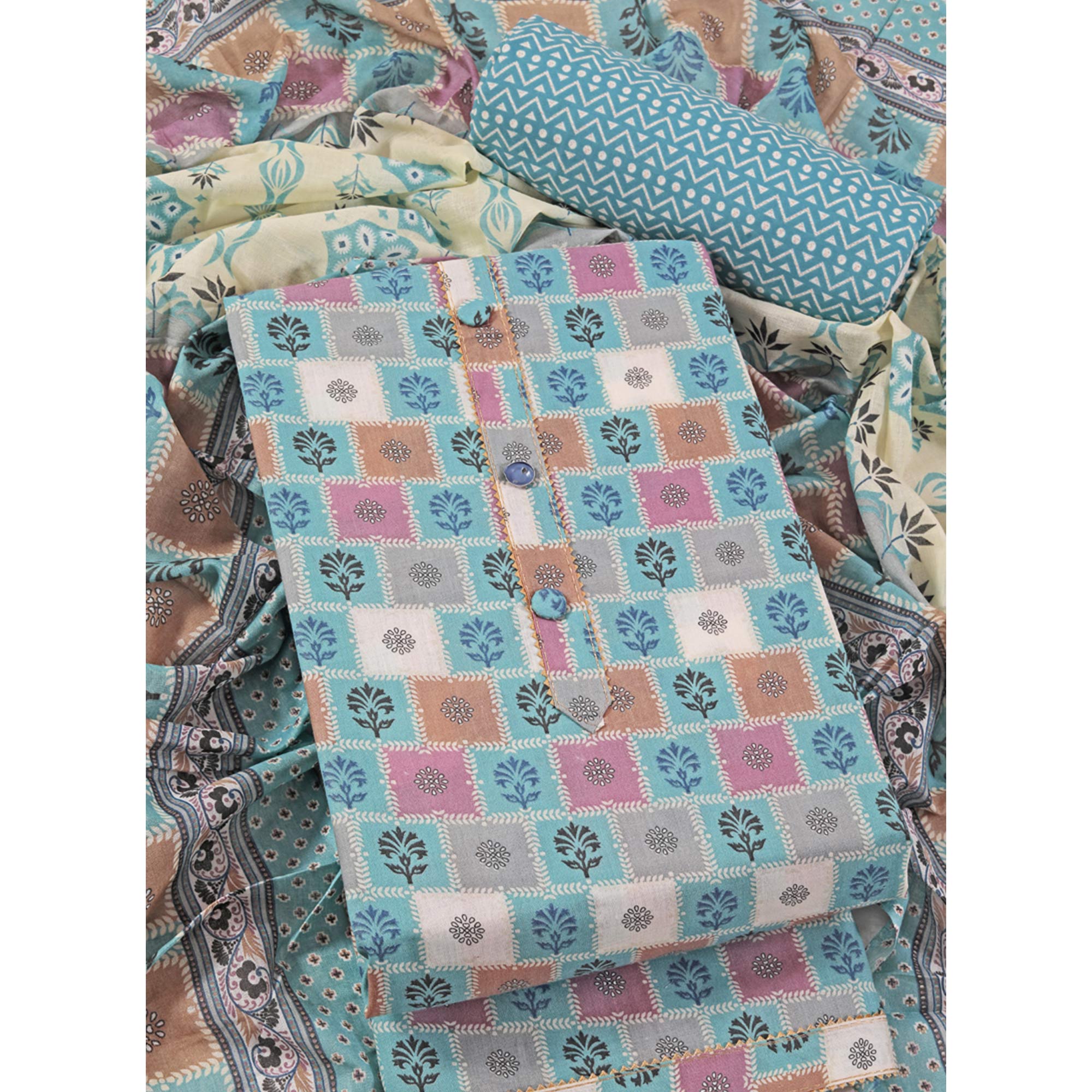 Blue Floral Printed With Gota Patti Work Pure Cotton Dress Material