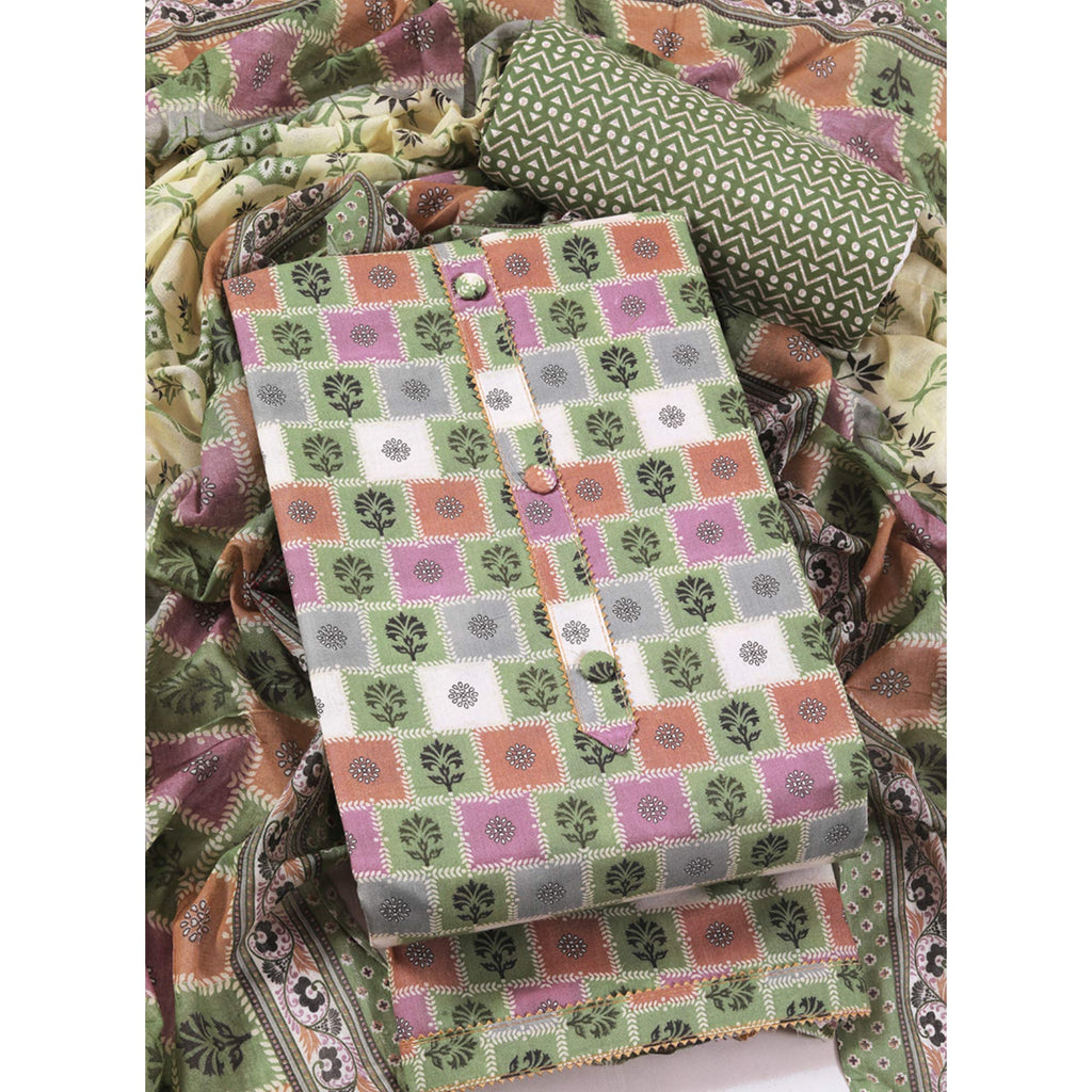 Green Floral Printed With Gota Patti Work Pure Cotton Dress Material