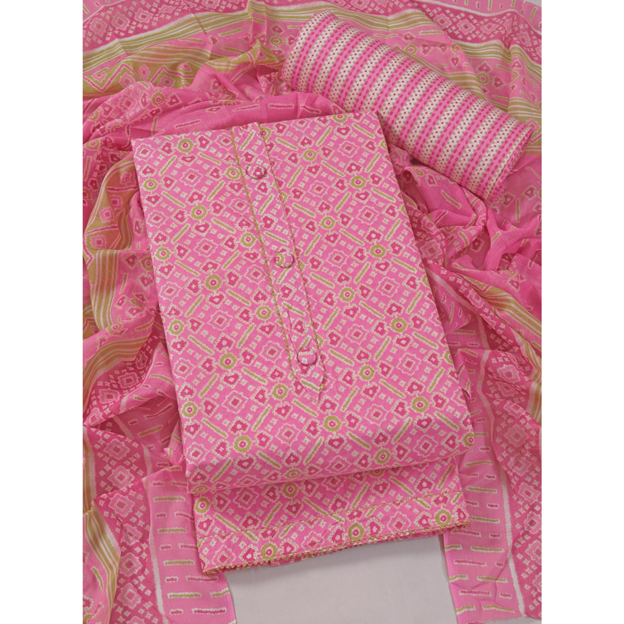 Pink Patola Printed With Gota Patti Work Pure Cotton Dress Material