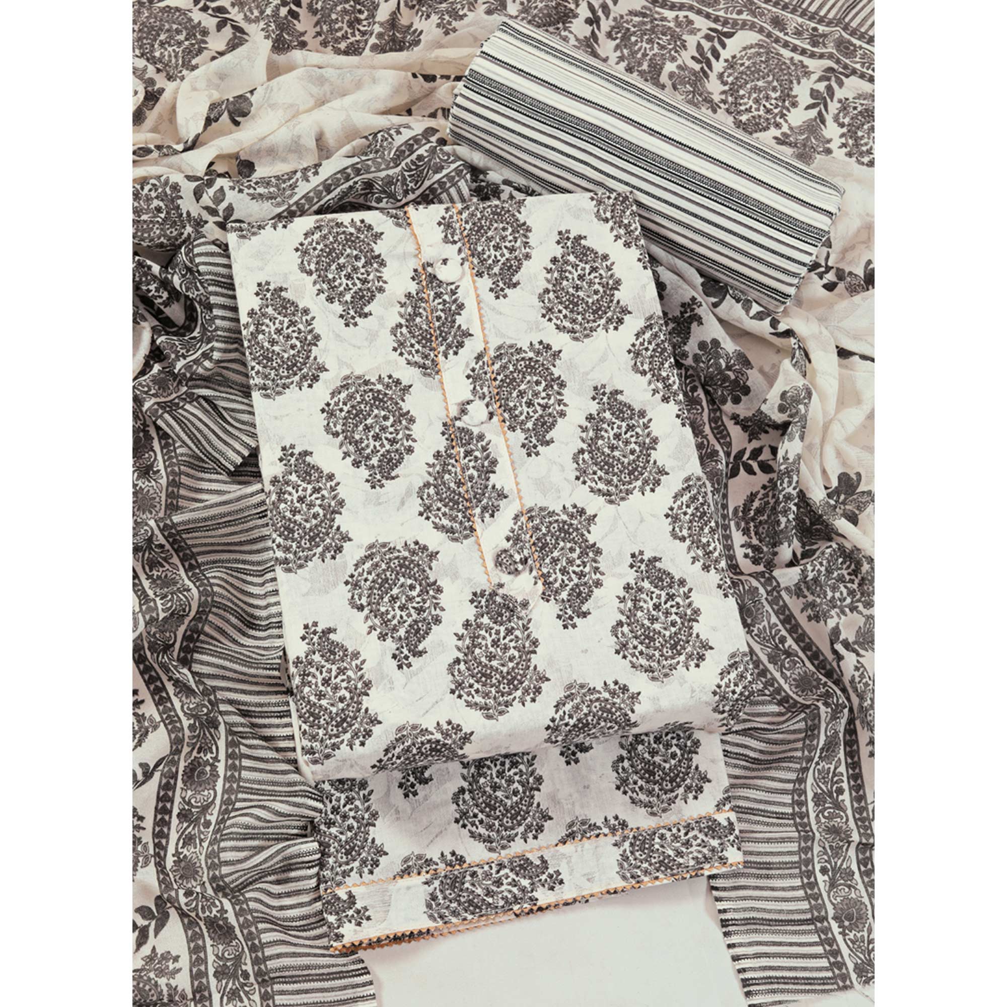 Offwhite Floral Printed With Gota Patti Work Pure Cotton Dress Material