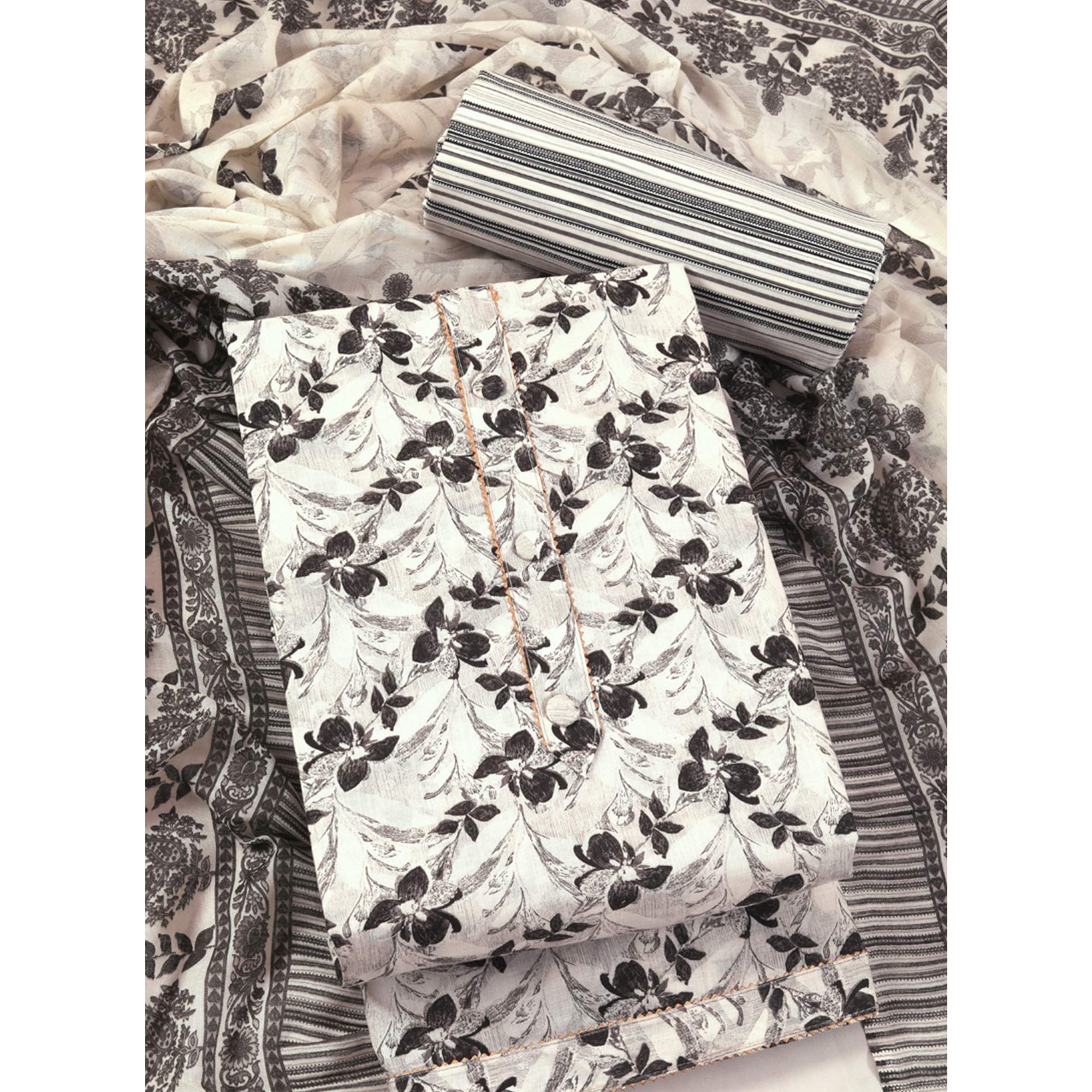 Offwhite Floral Printed With Gota Patti Work Pure Cotton Dress Material