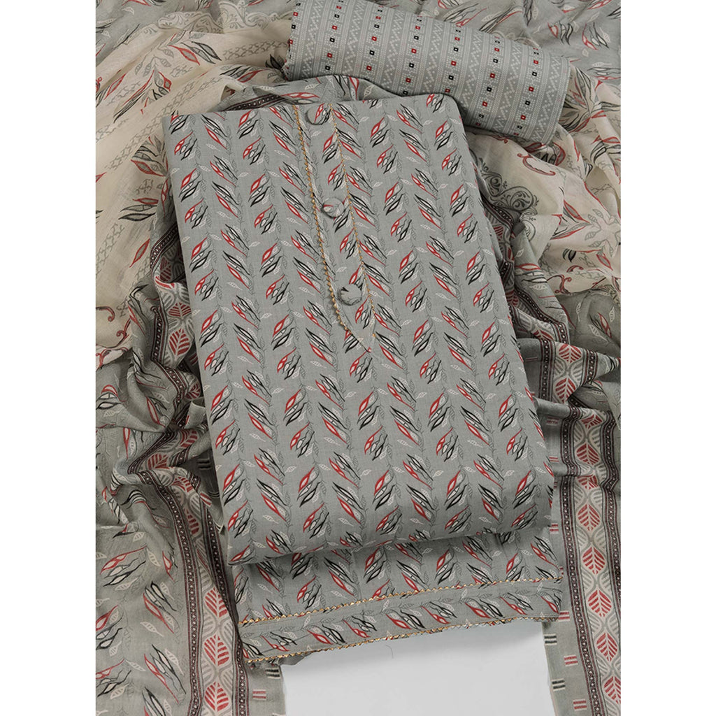 Fresh Grey Dress Material in Pure Cotton with Subtle Leaf Print Accents