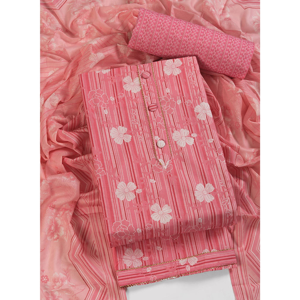 Elegant Peach Pure Cotton Ensemble Showcasing Subtle Floral Print Work Dress Material