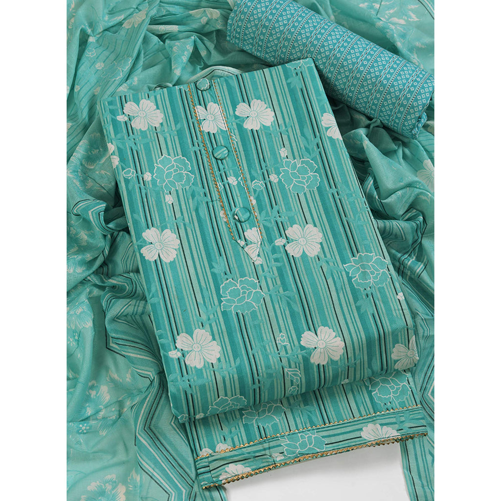 Elegant Sea Green Pure Cotton Ensemble Showcasing Subtle Floral Print Work Dress Material
