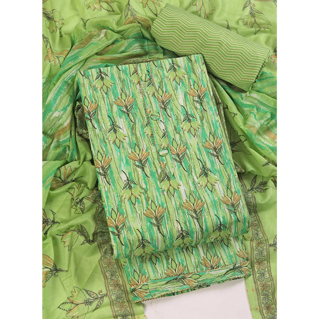 Green Pure Cotton Ensemble with All-Over Floral Motif Designs Dress Material
