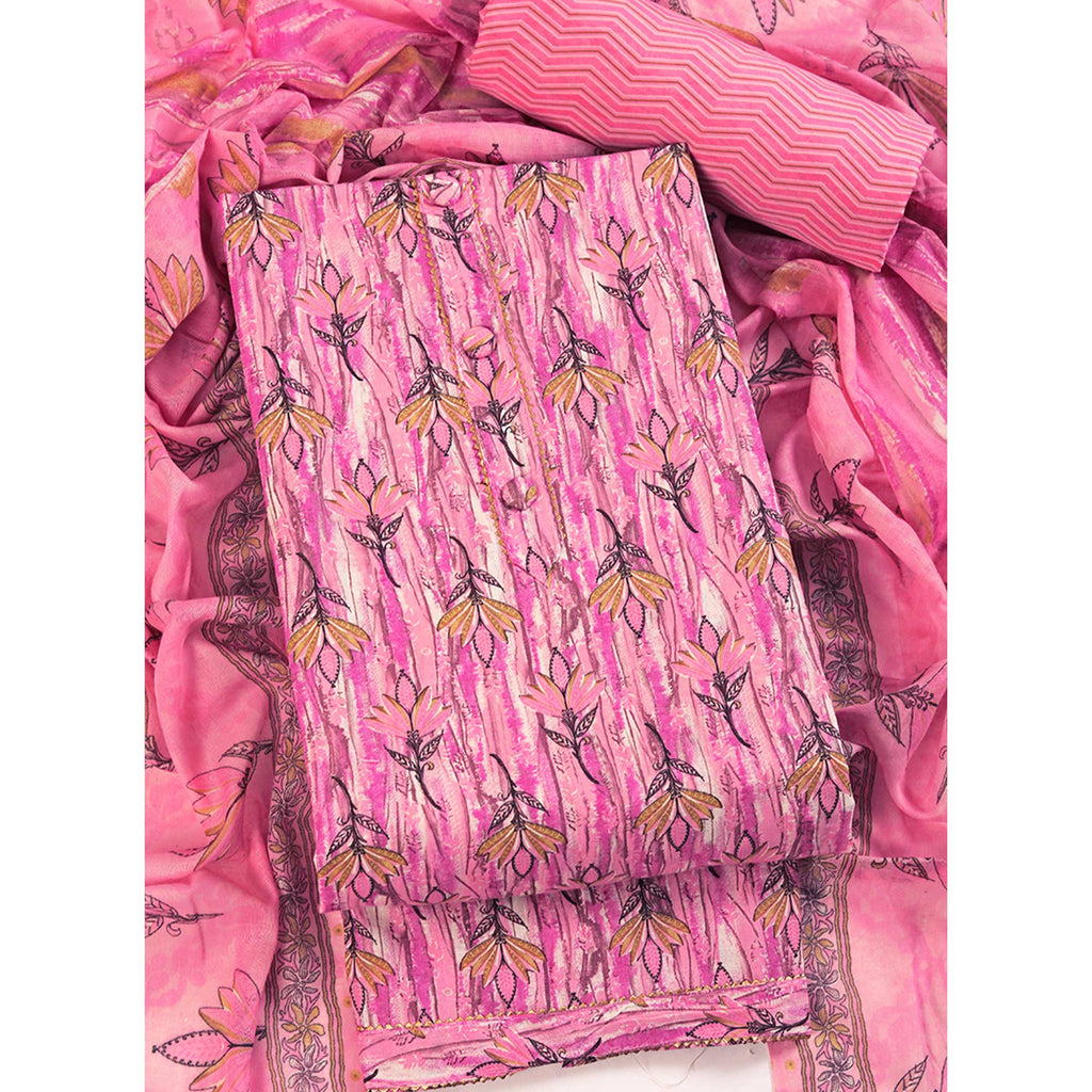 Pink Pure Cotton Ensemble with All-Over Floral Motif Designs Dress Material