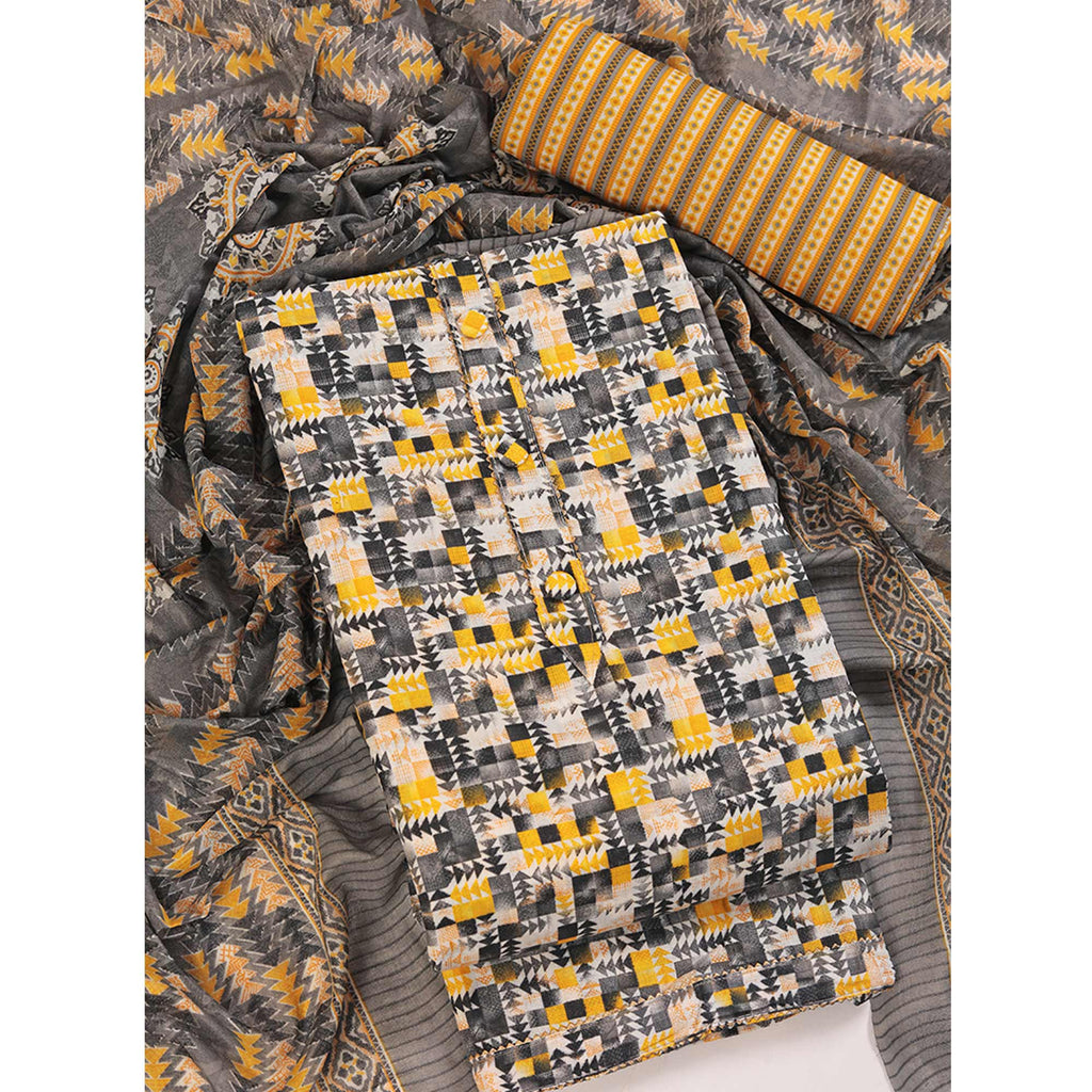 Cotton Dress Material Featuring a Grey and Yellow Palette with Artistic Geometric Patterns