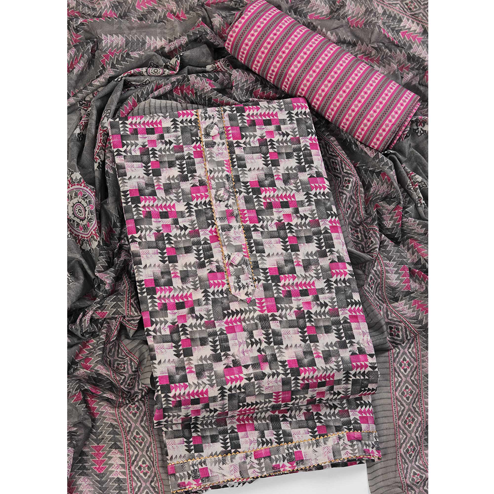 Cotton Dress Material Featuring a Grey and Pink Palette with Artistic Geometric Patterns