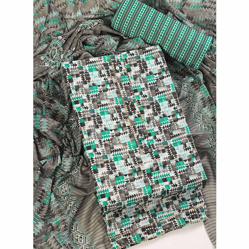 Cotton Dress Material Featuring a Grey and Rama Green Palette with Artistic Geometric Patterns
