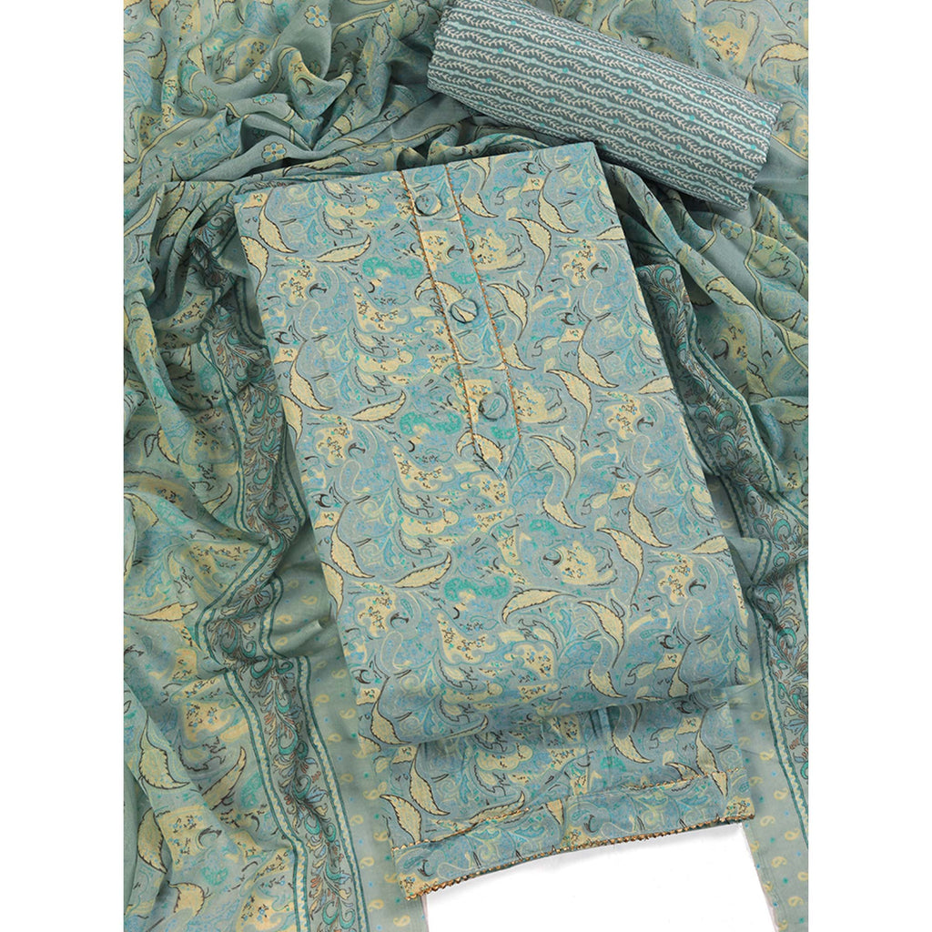Floral Elegance in Pastel Green Pure Cotton Unstitched Dress Material