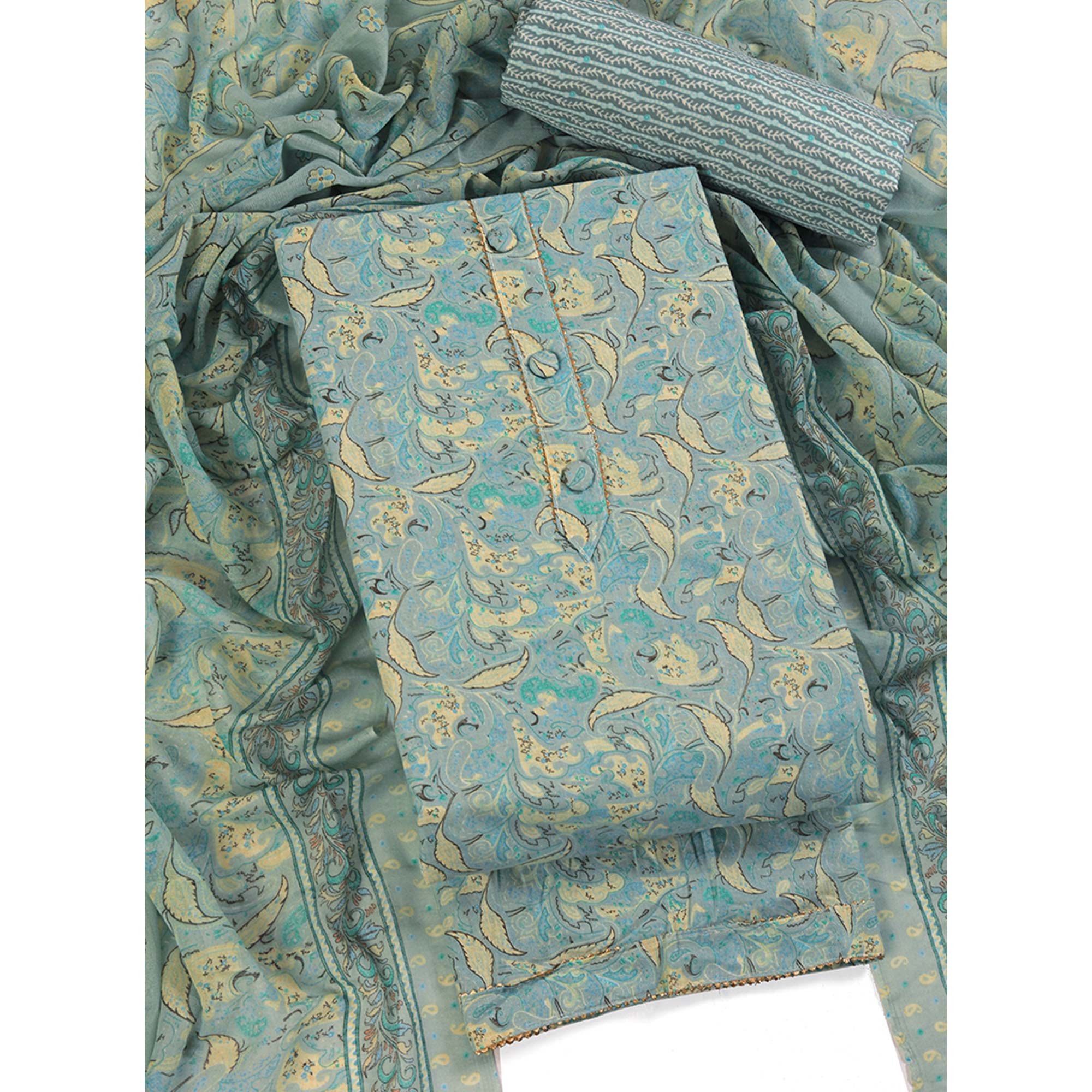 Floral Elegance in Pastel Green Pure Cotton Unstitched Dress Material