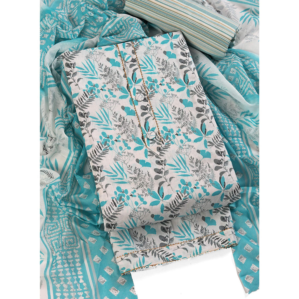 Floral Motifs on Blue Pure Cotton Dress Material for Effortless Style