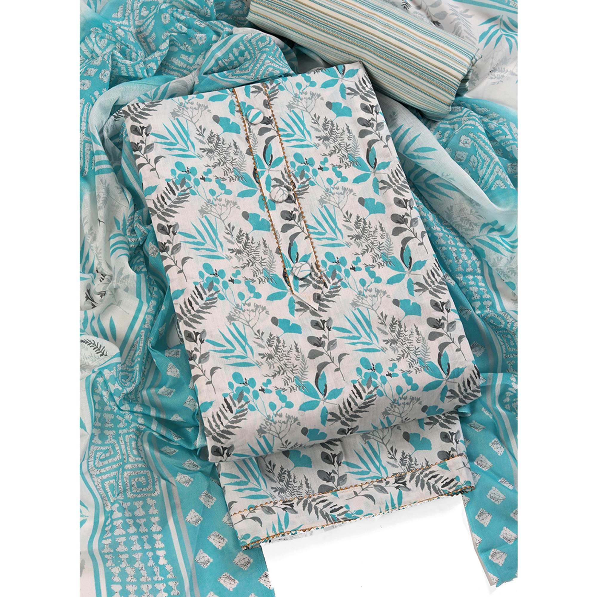 Floral Motifs on Blue Pure Cotton Dress Material for Effortless Style