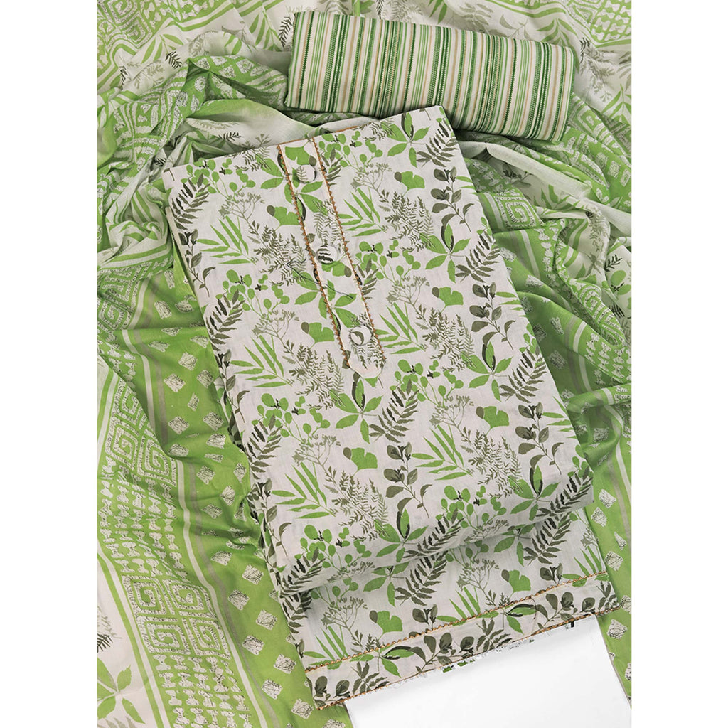 Floral Motifs on Green Pure Cotton Dress Material for Effortless Style