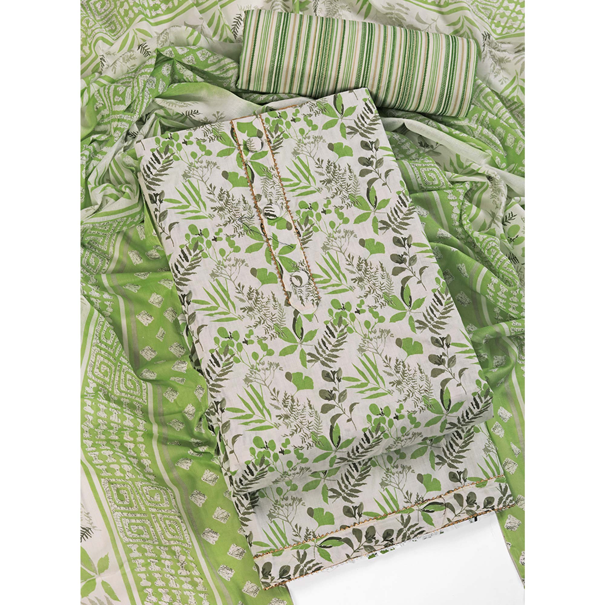 Floral Motifs on Green Pure Cotton Dress Material for Effortless Style