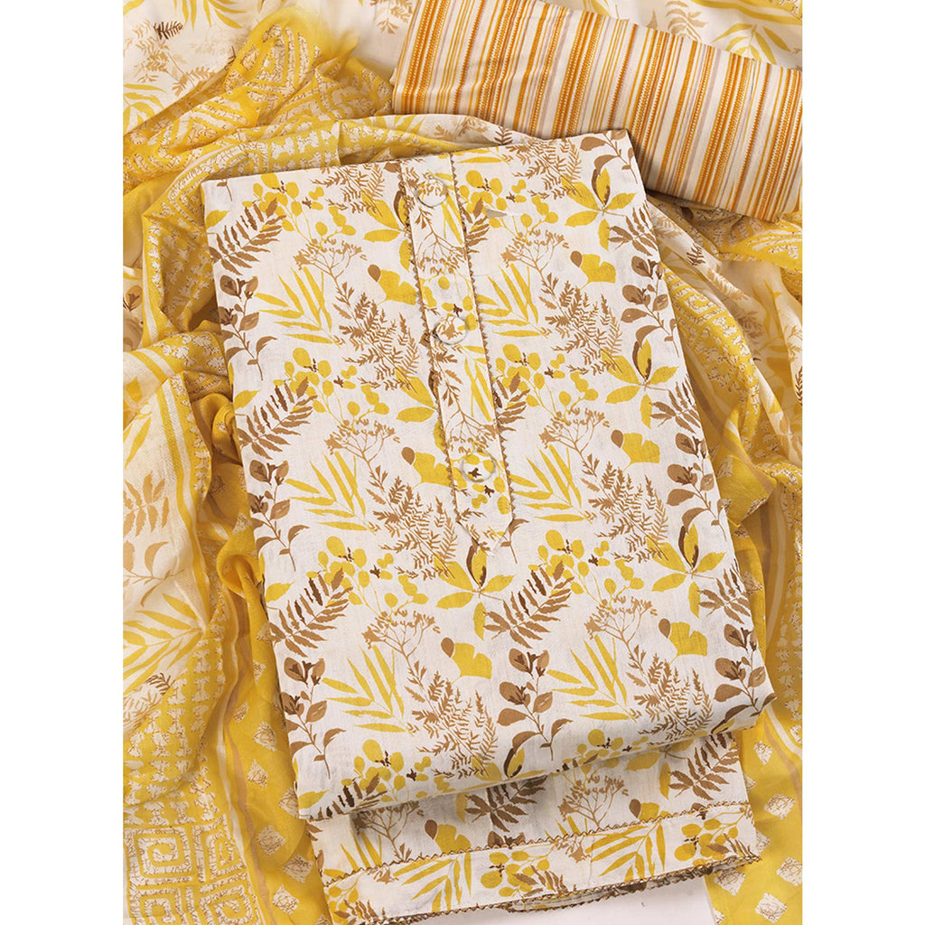 Floral Motifs on Mustard Pure Cotton Dress Material for Effortless Style